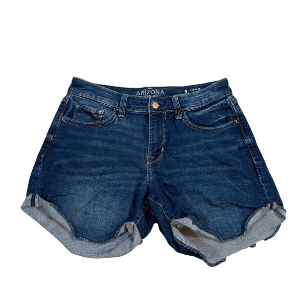Womens Jean Shorts Arizona Women's Size 9 Co Mid Rise Cuffed Stretch Blue Denim - Picture 1 of 6